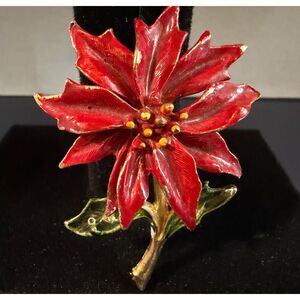 Vintage Miracle Poinsettia Brooch – Red Enamel & Gold Tone Holiday Pin